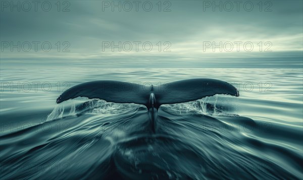 Whale's tail fluke emerging from the water against a backdrop of swirling ocean currents AI generated