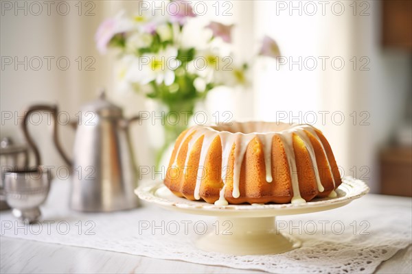 Bundt cake with white glaze on cake stand. KI generiert, generiert, AI generated