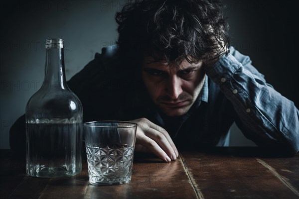 Frustrated hangover man with alcohol bottle and glass. KI generiert, generiert, AI generated