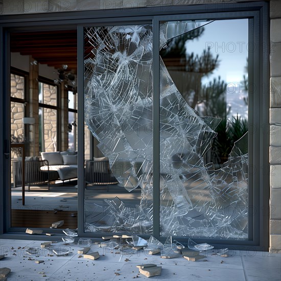 A large patio door is splintered and surrounded by numerous pieces of broken glass, burglary, burglar, burglary, AI generated