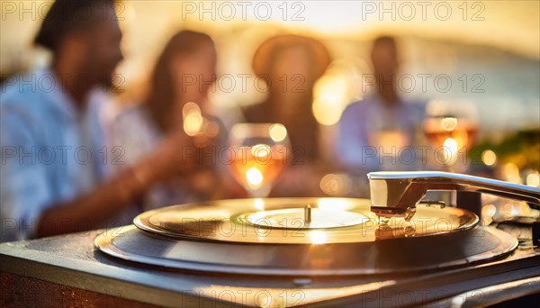 Friends enjoy drinks vinyl record playing together in cozy setting at sunset, bokeh effect ai generated, AI generated