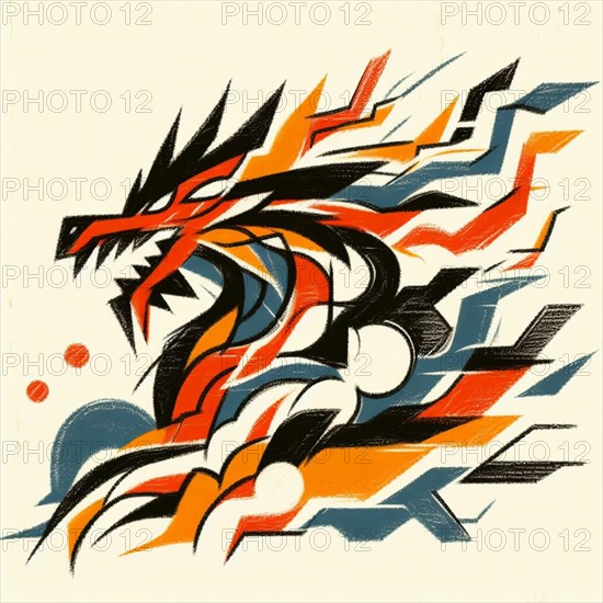 Bold abstract depiction of a tiger in motion with dynamic shapes and colors, AI generated