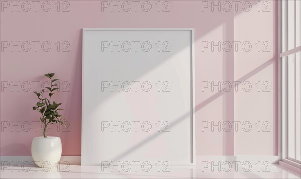 A blank image frame mockup on a soft blush pink wall in a minimalistic modern interior room AI generated