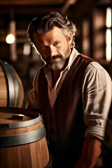 AI generated winemaker in a rustic wine cellar
