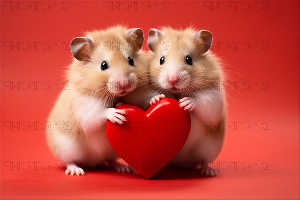 Pair of cute hamsters with heart in red background. KI generiert, generiert, AI generated