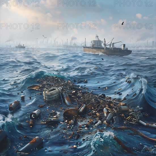 A cargo ship at sea with lots of plastic waste in the foreground, oil spill, environmental disaster, AI generated