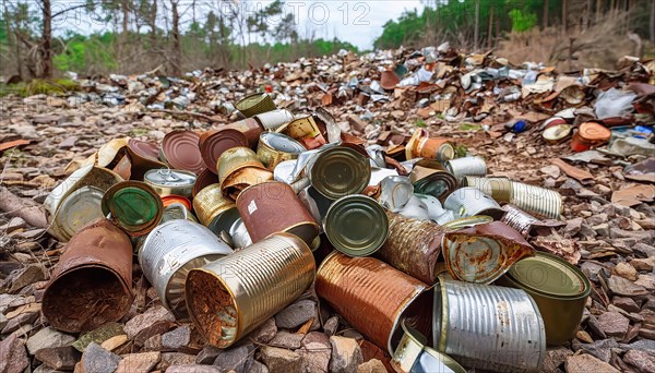 Symbol photo, many empty tin cans, partly crushed, rusty, dirty, lying in the landscape, AI generated, AI generated