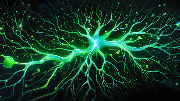 Ai generated conceptual illustration of a neuronal network with interconnected nodes pulsating in green tones, AI generated