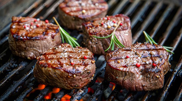 Delicious juicy beef steak is being grilled on a hot grill with flames and smoke surrounding it, AI generated
