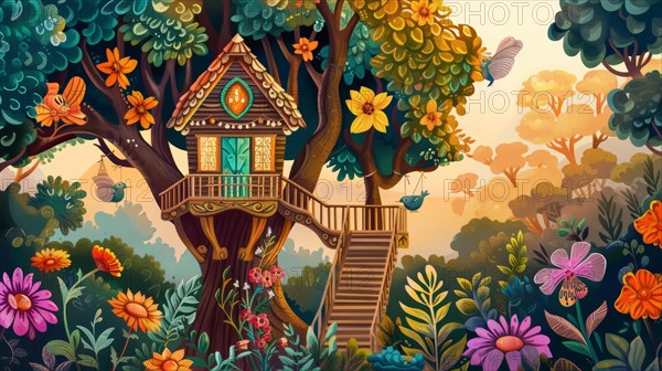 Whimsical treehouse surrounded by nature with colorful flowers, birdhouses, and butterflies, AI generated