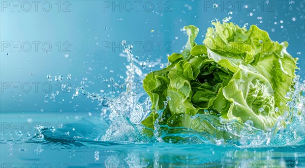 Fresh bunch of romaine lettuce floating in water. A concept of vegetarian lifestyle and vegetarian diet, AI generated