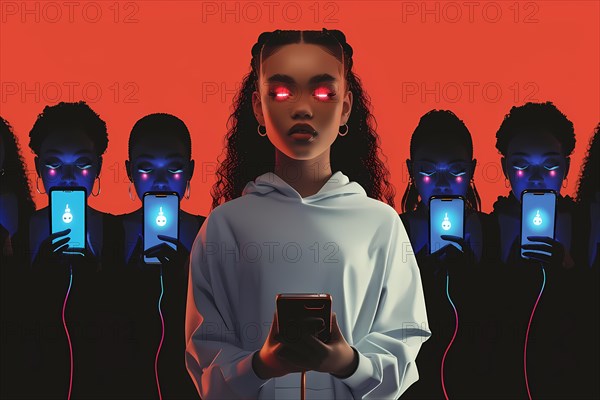 Artistic portrayal of a young woman with glowing phones, symbolizing social media's impact, 3D, illustration, AI generated