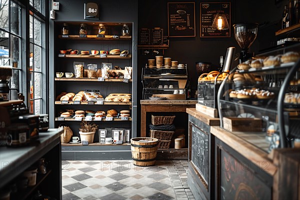 Rustic bakery with bread shelves and wooden baskets, AI generated