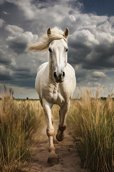 White horse running on a sandy beach, AI generated