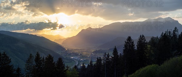 Sunset over the Liesingtal, in the evening light the village Kraubath, Schoberpass federal road, panoramic view, view from the lowlands, Leoben, Styria, Austria, Europe