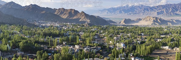 Panorama over Leh and the Indus Valley to the Indian Himalayas, Ladakh, Jammu and Kashmir, India, Asia