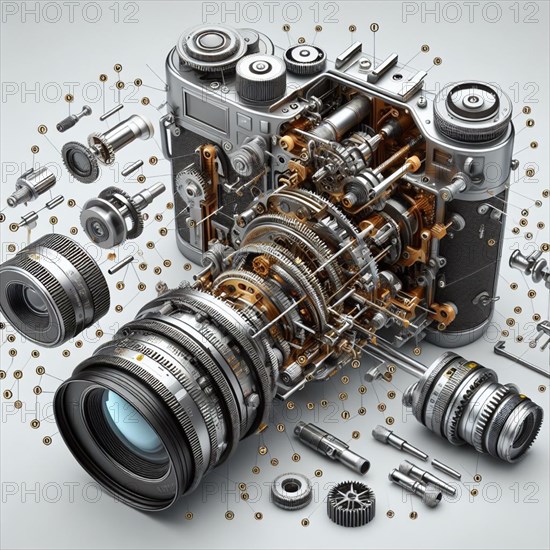 Highly detailed concept illustration showing a vintage camera disassembled with all parts floating in space, demonstrating the intricate internal mechanics and engineering of photography equipment, AI generated