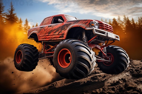 Monster truck driving and jumping outdoors amidst a cloud of dust. Thrill and adrenaline of an outdoor racing event on off-road terrain, AI generated