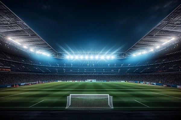 A soccer field with a large crowd of people spectators fans watching the game in evening. The stadium is lit up with bright flood spotlights ready for a match game, AI generated