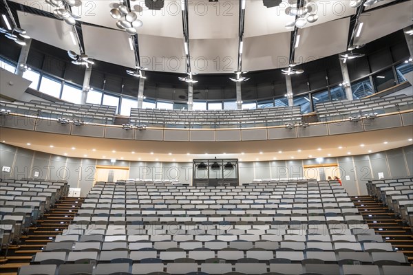 View from the lectern onto rows of seats in an empty lecture theatre, interior view, Department of Mechanical Engineering, Technical University of Munich, TUM, Garching, Bavaria, Germany, Europe