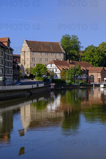 Houses on the Werra, Eschwege, Werratal, Werra-Meissner-Kreis, Hesse, Germany, Europe