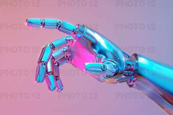 Metallic artificial intelligence robot hand pointing finger on pink background. KI generiert, generiert, AI generated