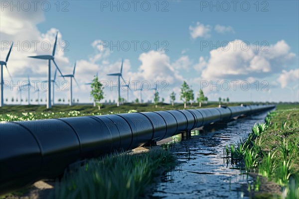 Hydrogen pipeline with wind turbines. KI generiert, generiert, AI generated