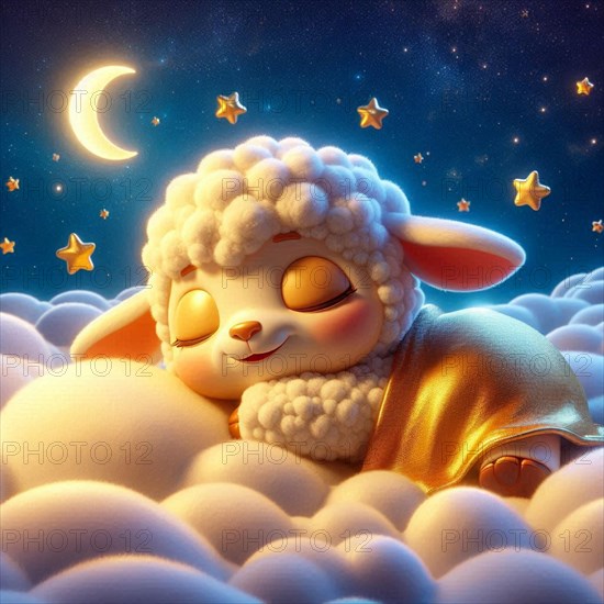 A cute animated sheep sleeps peacefully on fluffy clouds under a starry night sky with a crescent moon, AI generated