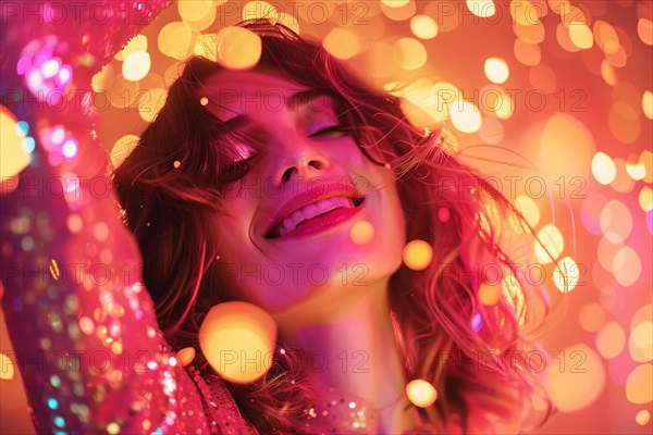 Close up of happy young woman dancing at nightclub. KI generiert, generiert, AI generated