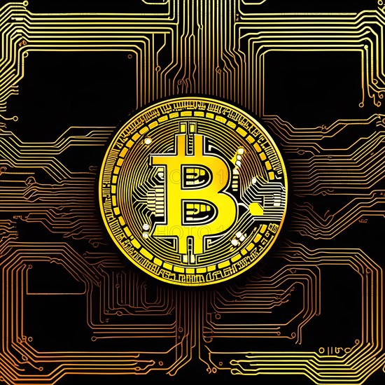 Symbol image for Bitcoin, cryptocurrency, close-up, golden coin with computer chip, AI generated, AI generated, AI generated