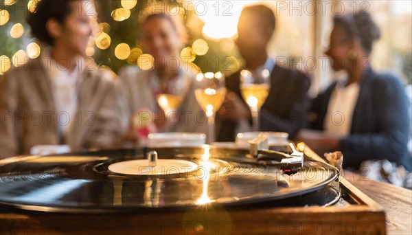 Friends gathered around a turntable celebrating with vinyl music in golden lighting, AI generated