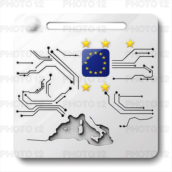 Graphic of a circuit board in the shape of Europe with EU symbol, AI generated