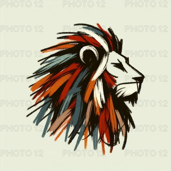 Artistic, abstract brushstroke lion profile in red, blue, and white, AI generated