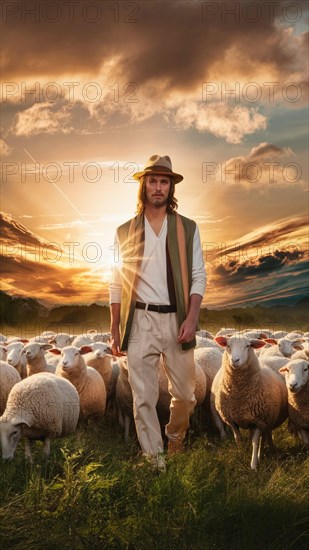 A man in a hat standing among sheep in a field, with a dramatic sunset sky behind him, AI generated