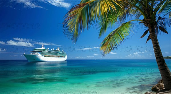 A large cruise ship docked near popular vacation resort. The scene is serene and relaxing, with the ship providing a sense of adventure, AI generated