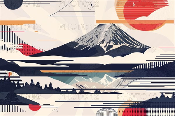 A tranquil panorama with the imposing Mount Fuji on the horizon, framed by geometric motifs and abstract forms that have their roots in Japanese cultural symbols and represent a harmonious connection between nature and artistic creation, Japan, AI generated, AI generated, Asia