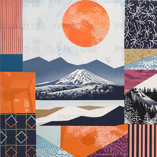 Patchwork-like composition with geometric shapes of Mount Fuji at sunrise, Japan, AI generated, AI generated, Asia