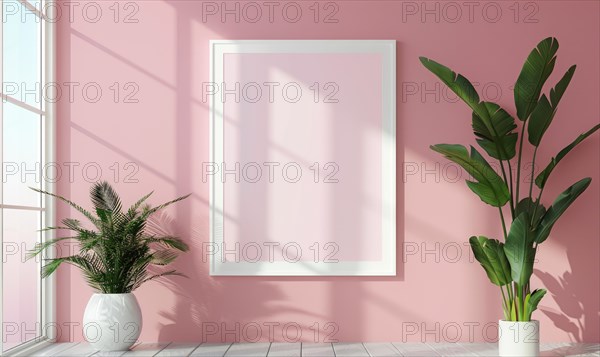 A blank image frame mockup on a pale blush pink wall AI generated