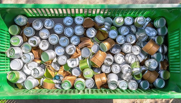 Symbol photo, rubbish, waste, many empty beverage cans in a rubbish container, AI generated, AI generated