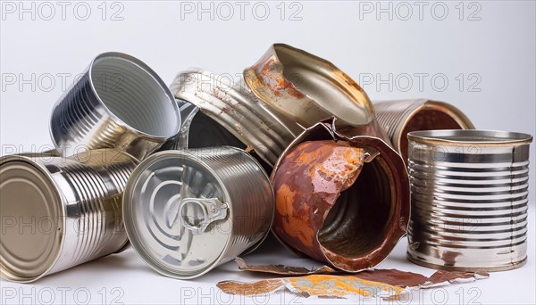 Symbol photo, many empty tin cans, partly crushed, rusty, dirty, on a white background, AI generated, AI generated