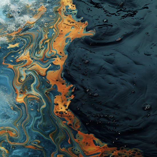 Structures and play of colours of oil on water surface, formed by waves, pollution, environmental protection, AI generated