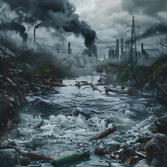 River abandoned by humans with debris and smoke in the background, pollution, environmental protection, AI generated
