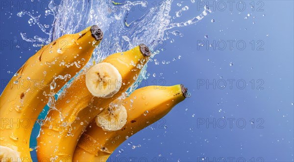 A bunch of yellow fresh bananas immersed in water and produce splash, AI generated