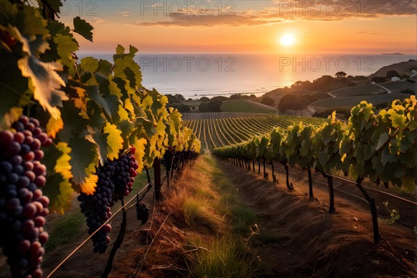 AI generated close up view of a coastal vineyard with ocean in the background in ambient light