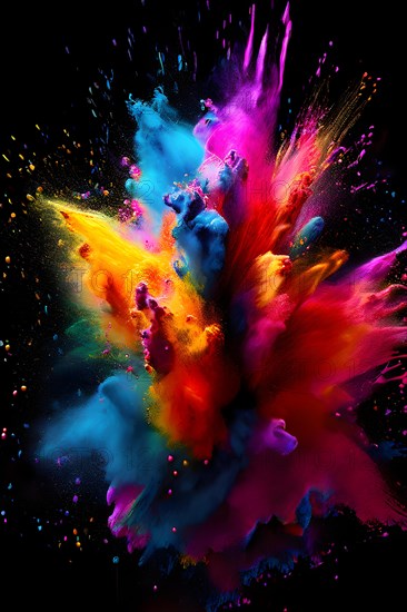 Rainbow-colored holi powder explosively dispersing against a black background, AI generated