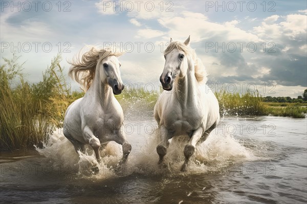 Two white horses running in the water, AI generated