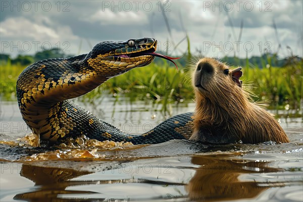 Large anaconda chasing a capybara, AI generated