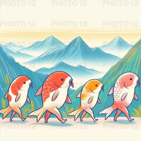 Creative illustration of four fish with legs walking in a line towards towering mountains, symbolizing a whimsical take on evolution and exploration in a pastel-colored, stylized landscape, AI generated