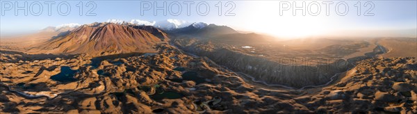 Atmospheric aerial view, high mountain landscape with glacier moraines and mountain lakes, behind Pik Lenin, Trans Alay Mountains, Pamir Mountains, Osher Province, Kyrgyzstan, Asia