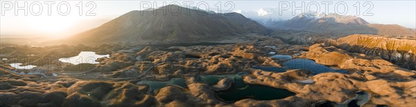 Aerial view, high mountain landscape with glacial moraines and mountain lakes, behind Pik Lenin, Trans Alay Mountains, Pamir Mountains, Osher Province, Kyrgyzstan, Asia